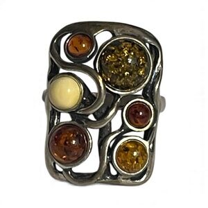 925 Sterling Silver & Multicolored Amber Modernist Statement Ring